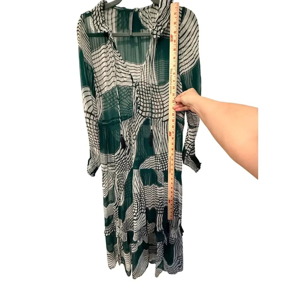 Anthropologie XS Marais Geometric Printed Sheer Chiffon Maxi Dress Boho Green - Picture 10 of 13